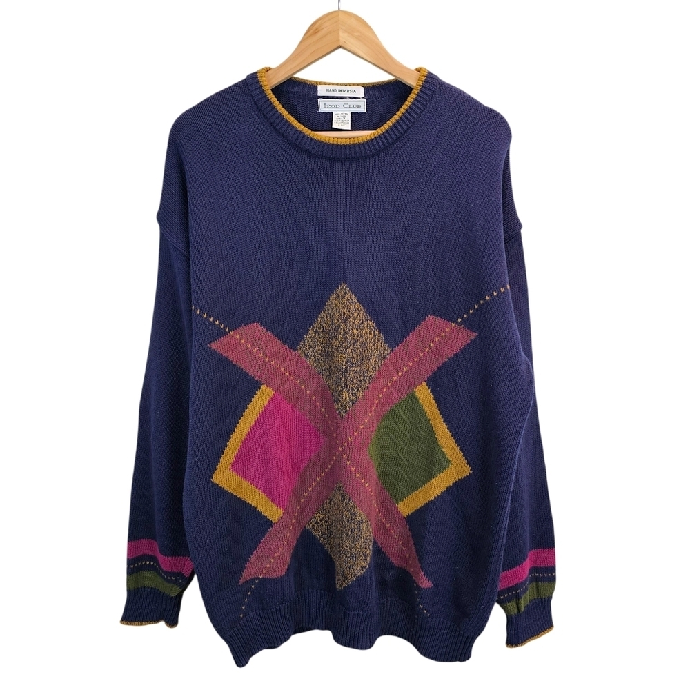 Vintage Izod Club Hand Intarsia Sweater XL 80s Abstract Geometric Knit Grandpa